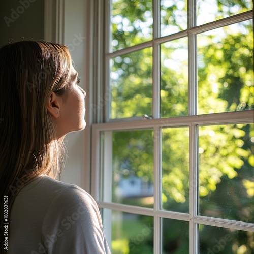 Woman Gazing Out the Window in Soft Natural Light