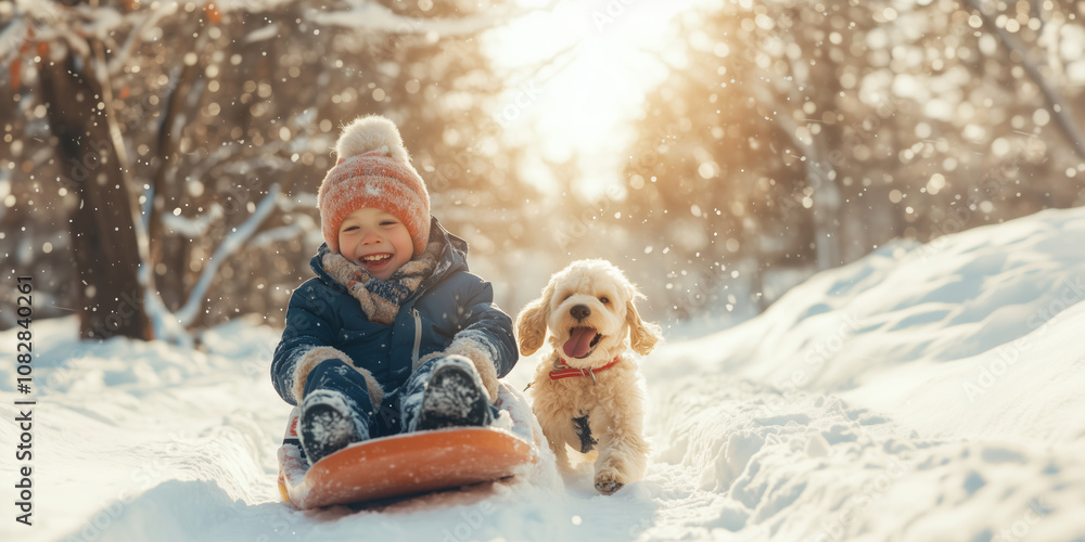 Obraz premium Cute boy with dog enjoying a sleigh ride. Child sledding, riding a sledge play outdoors in snow in winter park. Winter active games with the family. Winter holidays. Banner, Poster