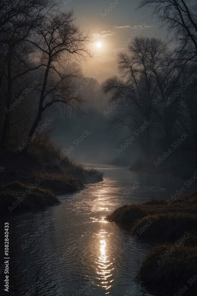 Night River Under a Full Moon, Surrounded by Gloomy Fog with Silver and Gold Reflections Night River Under a Full Moon, Surrounded by Gloomy Fog with Silver and Gold Reflections
