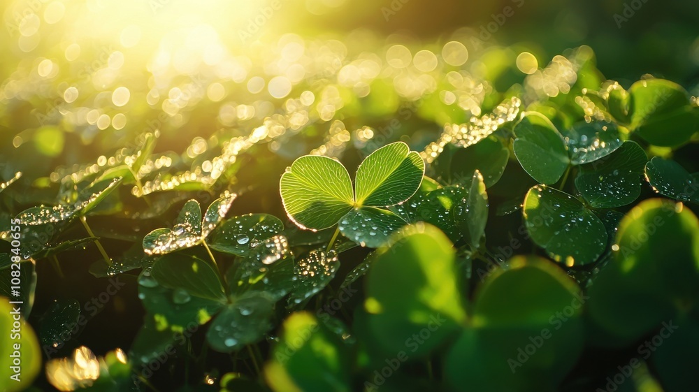 Clover Field with Morning Dew in Sunlight Clover Field with Morning Dew in Sunlight