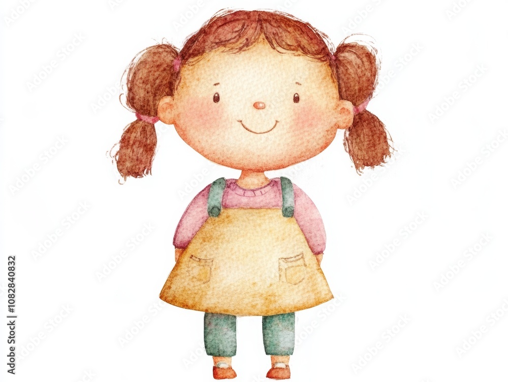 Watercolor illustration of a charming doll with a friendly expression wearing pastel clothes, featuring a simple design and soft shadows Watercolor illustration of a charming doll with a friendly expression wearing pastel clothes, featuring a simple design and soft shadows