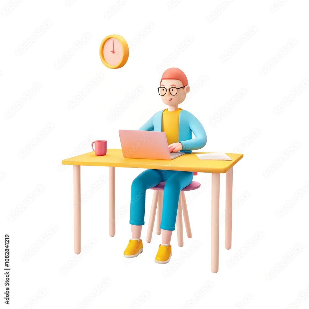 Productivity, technology, work from home, success, creativity. A 3D cartoon person efficiently works on their laptop. Productivity, technology, work from home, success, creativity. A 3D cartoon person efficiently works on their laptop.