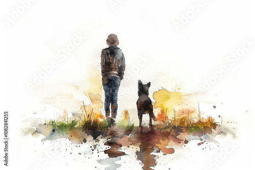 National Mutt Day. A minimalist watercolor of a person walking with their dog in a grassy field, blending soft tones and splashes for an artistic and serene depiction.

