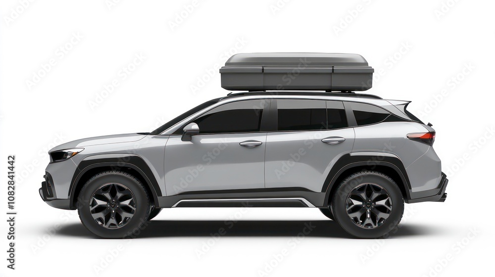 Gray car isolated on white background, SUV with trunk boxes on top isolated on white background Gray car isolated on white background, SUV with trunk boxes on top isolated on white background