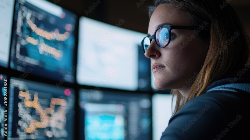 Immediate Security Concept. A focused individual analyzes data on multiple screens, highlighting the intensity of modern technological research and data interpretation. Immediate Security Concept. A focused individual analyzes data on multiple screens, highlighting the intensity of modern technological research and data interpretation.