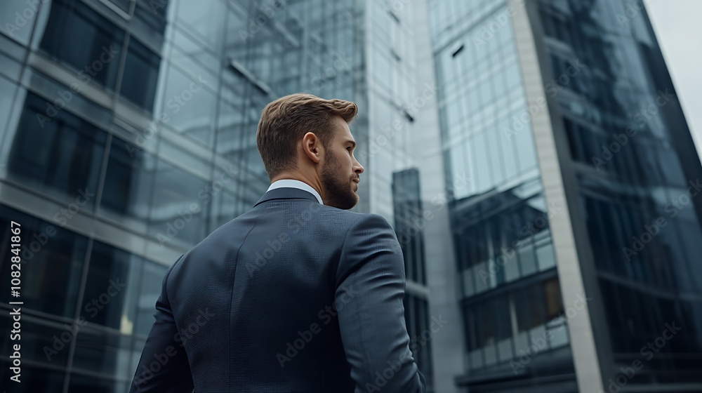 A poised businessman standing with a modern office building as a symbol of success and ambition. A poised businessman standing with a modern office building as a symbol of success and ambition.
