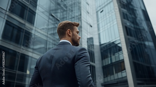 A poised businessman standing with a modern office building as a symbol of success and ambition.