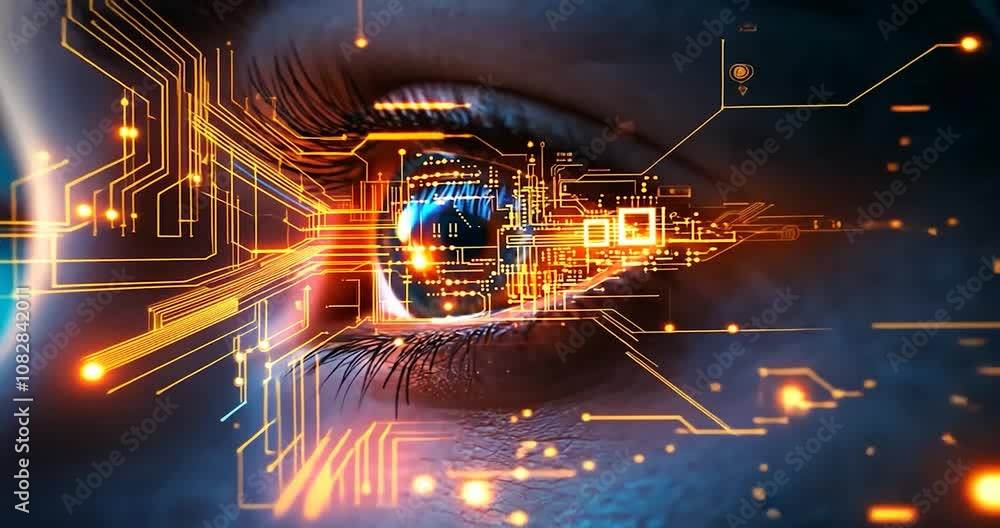 Close-up of a woman's eye with glowing digital circuitry embedded inside, set against a vibrant blue and orange backdrop, Close-up of a woman's eye with glowing digital circuitry embedded inside, set against a vibrant blue and orange backdrop,