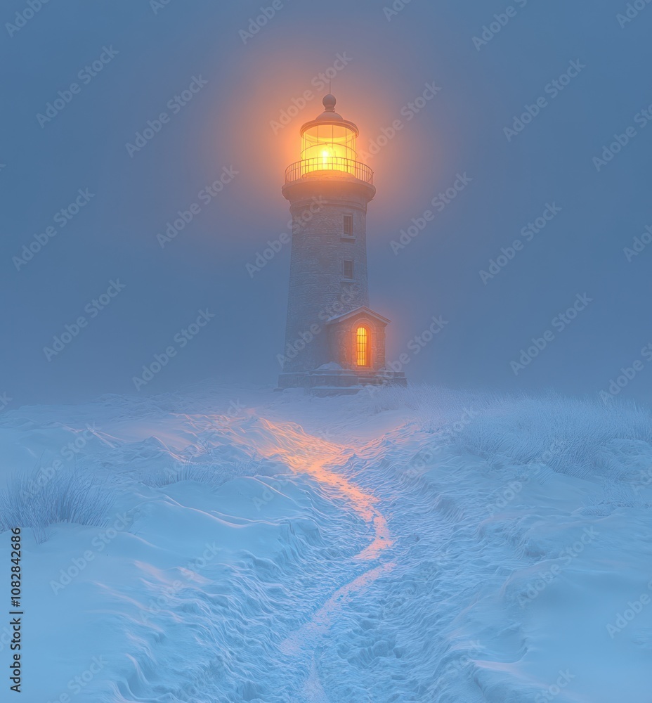 Luminous lighthouse in snowy, foggy landscape. Luminous lighthouse in snowy, foggy landscape.