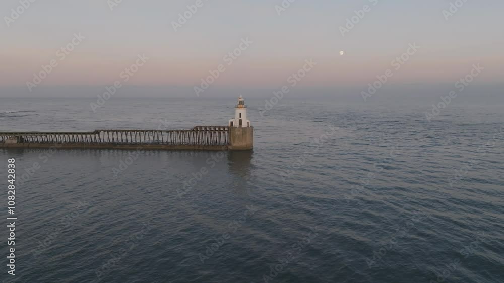 The soft light of dusk envelopes Blyth Lighthouse as the full moon ascends, casting a peaceful glow over the still waters and quiet surroundings The soft light of dusk envelopes Blyth Lighthouse as the full moon ascends, casting a peaceful glow over the still waters and quiet surroundings