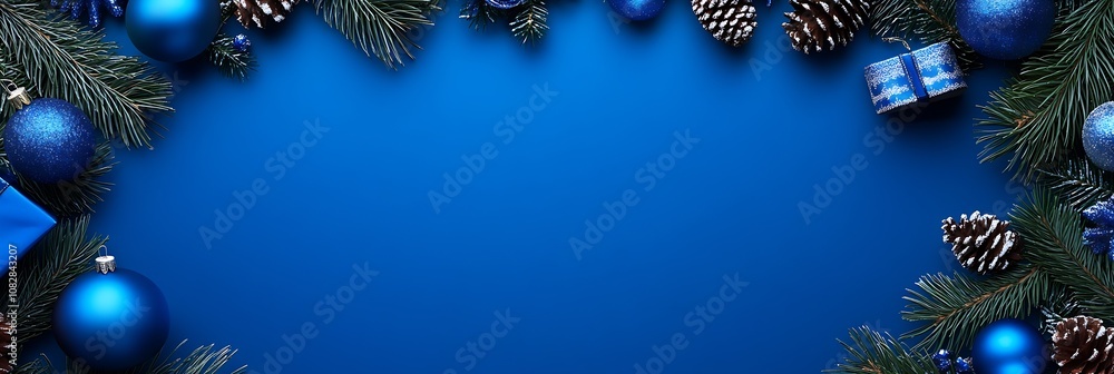 Festive Blue Holiday Background with Pine Branch Frame and Ornaments : Generative AI Festive Blue Holiday Background with Pine Branch Frame and Ornaments : Generative AI