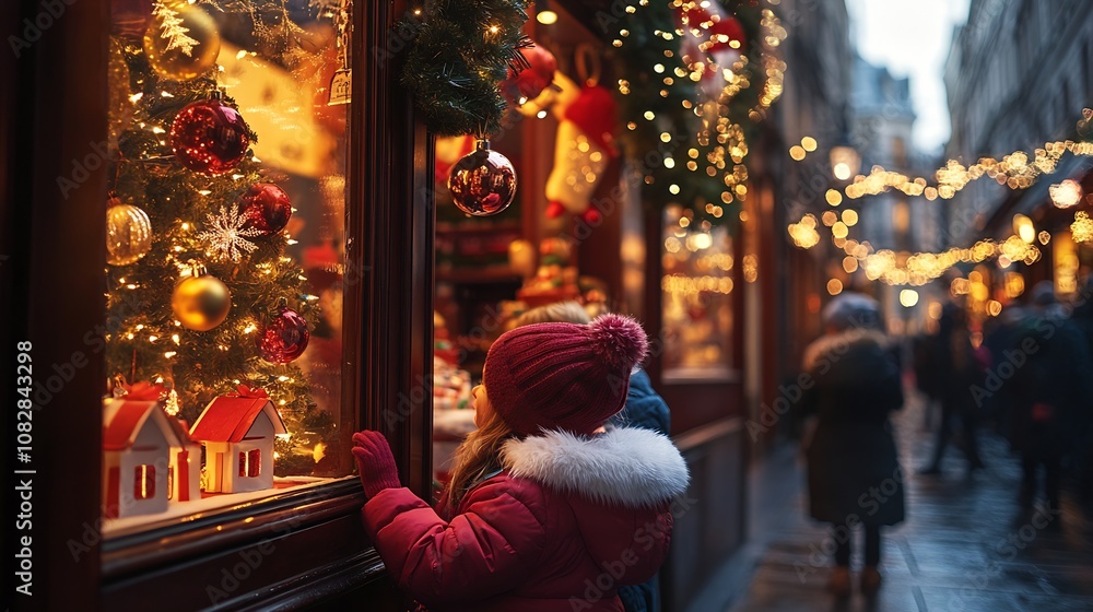 Young Girls Gazing at Holiday Storefront Decorations in Festive City Setting : Generative AI Young Girls Gazing at Holiday Storefront Decorations in Festive City Setting : Generative AI