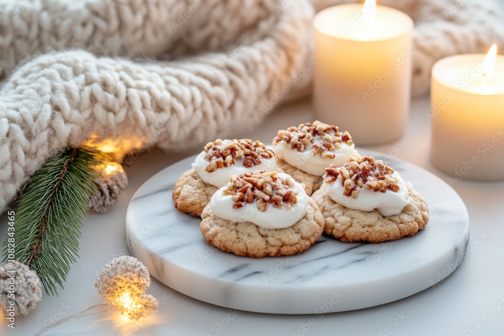 Delicious Drmmer cookies arranged on a marble platter with cozy candlelight and a wool blanket for comfort Delicious Drmmer cookies arranged on a marble platter with cozy candlelight and a wool blanket for comfort