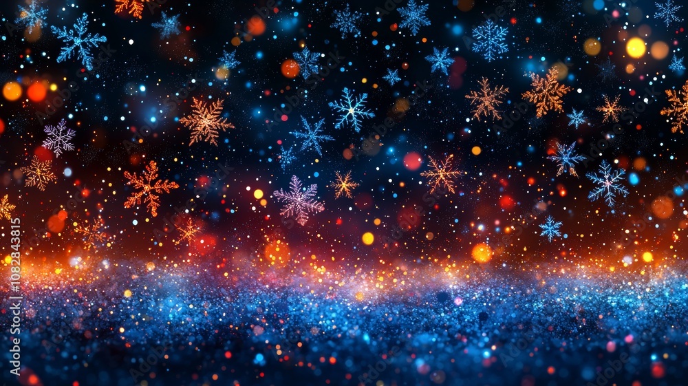 Magical Snowflakes in Tetradic Colors Against Night Sky Magical Snowflakes in Tetradic Colors Against Night Sky