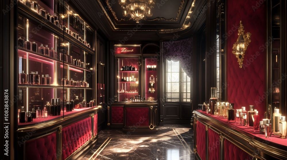 Elegant and luxurious interior of a perfume shop with a marble floor, red velvet furniture, and shelves filled with bottles. Elegant and luxurious interior of a perfume shop with a marble floor, red velvet furniture, and shelves filled with bottles.