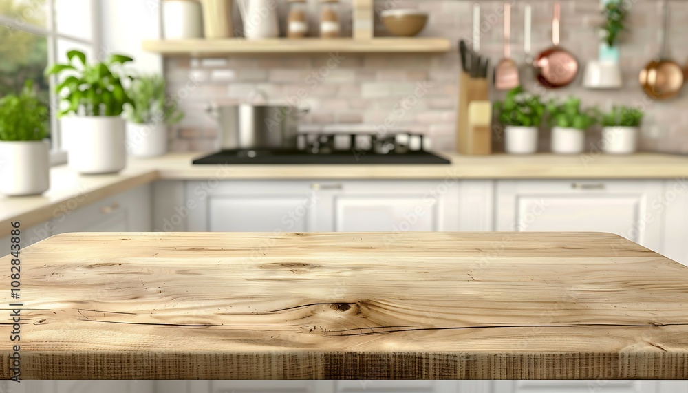 Empty wooden table for product placement in front of blurred kitchen interior background Empty wooden table for product placement in front of blurred kitchen interior background