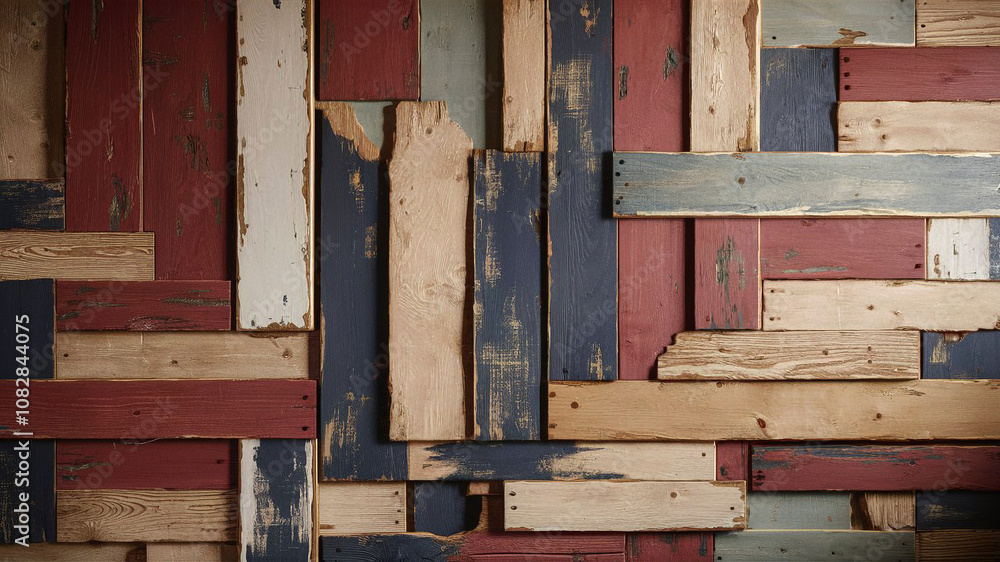 Horizontal wooden planks in rustic red blue and tan shades with weathered textures and visible grain evoke a classic distressed barnwood style. Horizontal wooden planks in rustic red blue and tan shades with weathered textures and visible grain evoke a classic distressed barnwood style.