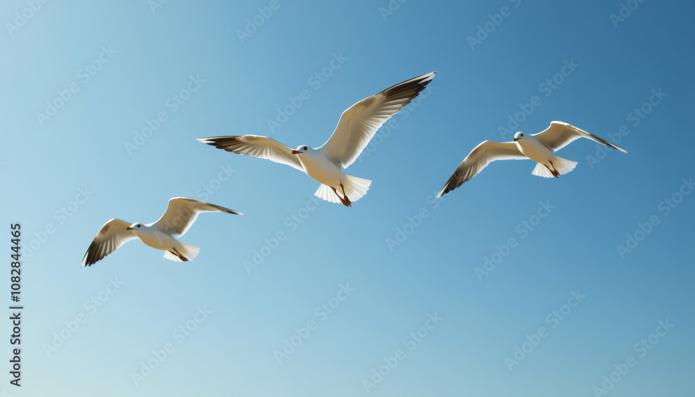 Obraz premium Three Majestic Seagulls Soaring in a Pristine Blue Sky; A Captivating Aerial Dance of Nature's Graceful Creatures