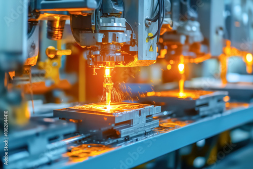 Injection molding machine producing plastic parts, with molten plastic being injected into molds