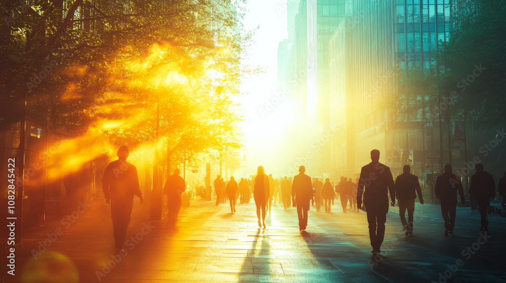 People walk along a city street with vibrant sunlight filtering through. Concept of urban life and morning light. People walk along a city street with vibrant sunlight filtering through. Concept of urban life and morning light.