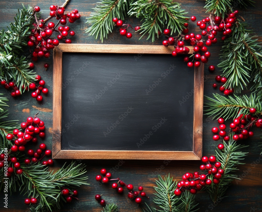 Blackboard with a backdrop of evergreen sprigs and cranberries, suitable for festive recipes
Blackboard with a backdrop of evergreen sprigs and cranberries, suitable for festive recipes