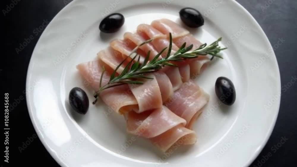 Overhead Shot of Elegant Sliced Ham with Rosemary and Black Olives on a White Plate Overhead Shot of Elegant Sliced Ham with Rosemary and Black Olives on a White Plate
