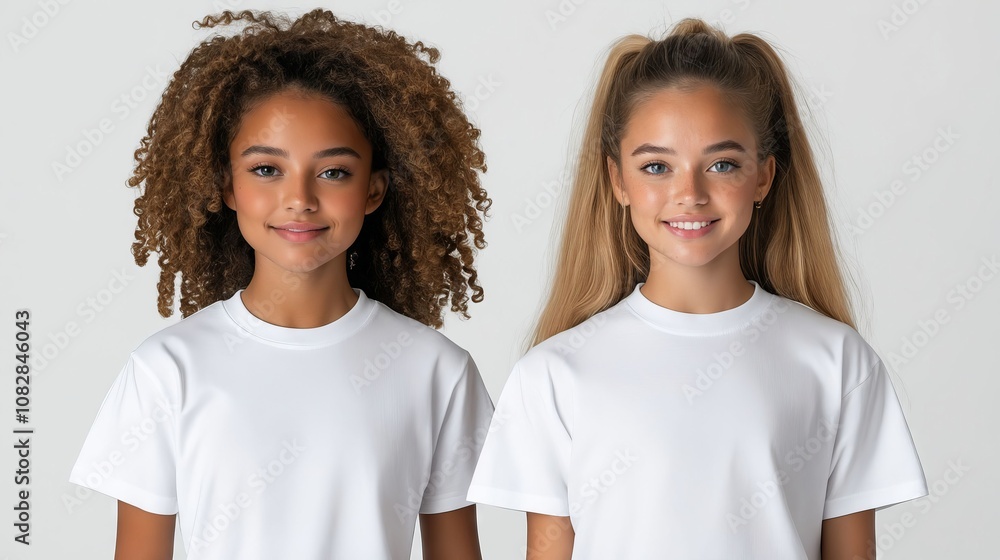 Fototapeta premium Two young girls wearing white t-shirts standing next to each other