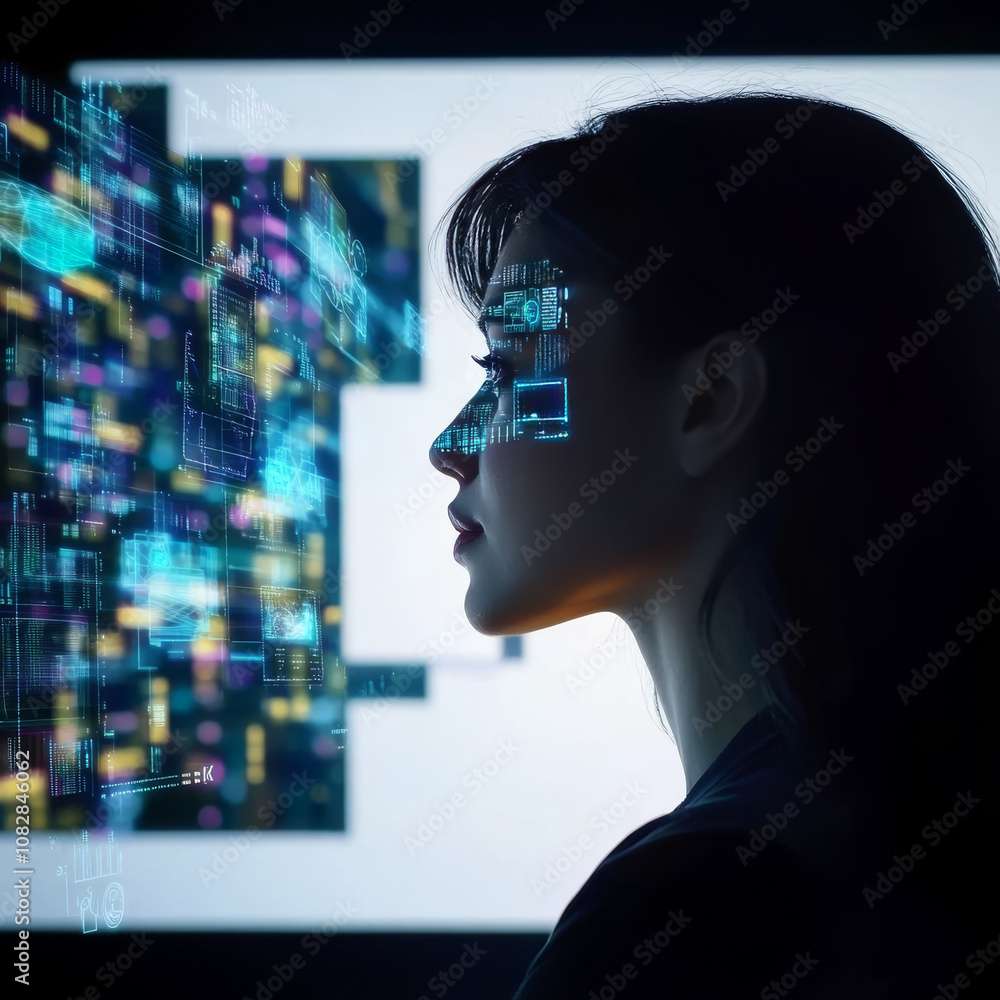 woman gazes thoughtfully at digital interface, illuminated by vibrant data visuals. scene captures blend of technology and contemplation, showcasing innovation and creativity woman gazes thoughtfully at digital interface, illuminated by vibrant data visuals. scene captures blend of technology and contemplation, showcasing innovation and creativity