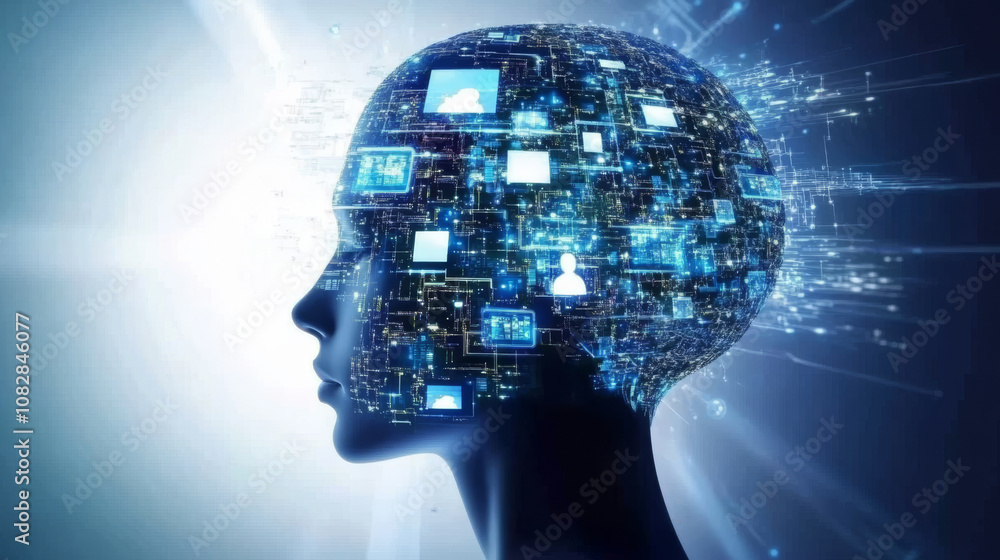 digital representation of human head filled with data and technology, symbolizing artificial intelligence and connectivity. image conveys sense of innovation and modernity digital representation of human head filled with data and technology, symbolizing artificial intelligence and connectivity. image conveys sense of innovation and modernity