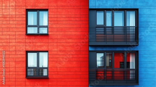 Vibrant facade of a building split between red and blue colors.