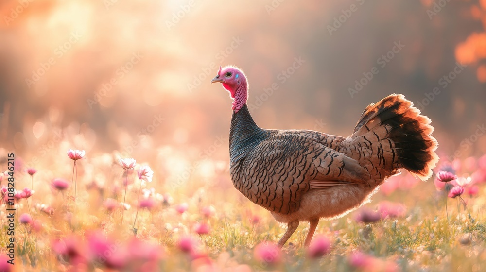 Fototapeta premium Turkey in Autumn woods with colorful foliage.