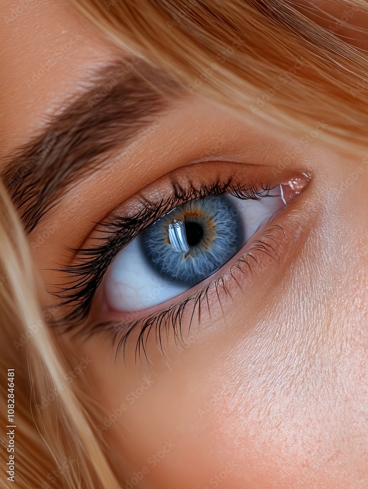Obraz premium A close up of a woman's blue eye with long eyelashes