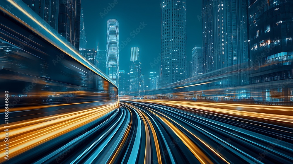 Rapid Light Trails Illustrating Speed in a Futuristic Metropolis at Night : Generative AI Rapid Light Trails Illustrating Speed in a Futuristic Metropolis at Night : Generative AI