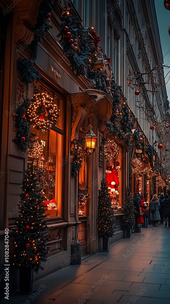 Glowing Christmas Street with Warm Lights and Storied Architecture : Generative AI Glowing Christmas Street with Warm Lights and Storied Architecture : Generative AI