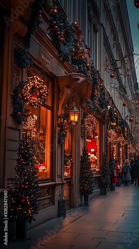 Glowing Christmas Street with Warm Lights and Storied Architecture : Generative AI