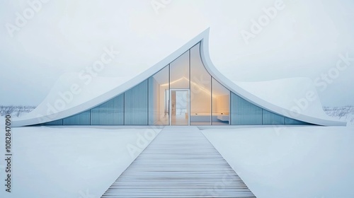 A minimalist house with white walls and glass windows, modern architecture with a sloping roof, a wooden walkway leading to the entrance door, a minimalist landscape, a white 