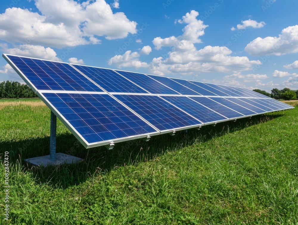 Solar panel array in a sunny green field. Solar panel array in a sunny green field.