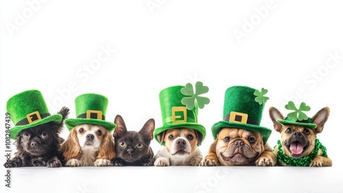 Pets in St. Patrick’s Day Hats on White