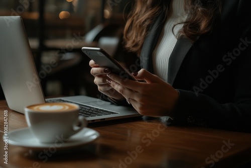 Businesswoman using a smartphone with a laptop and coffee on the table in a coffee shop.