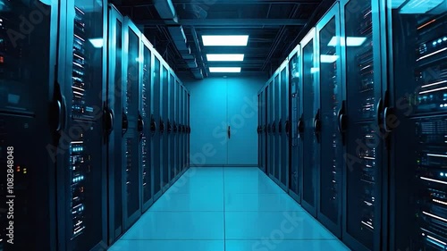 Blue-Lit Server Room with Rows of Network Servers