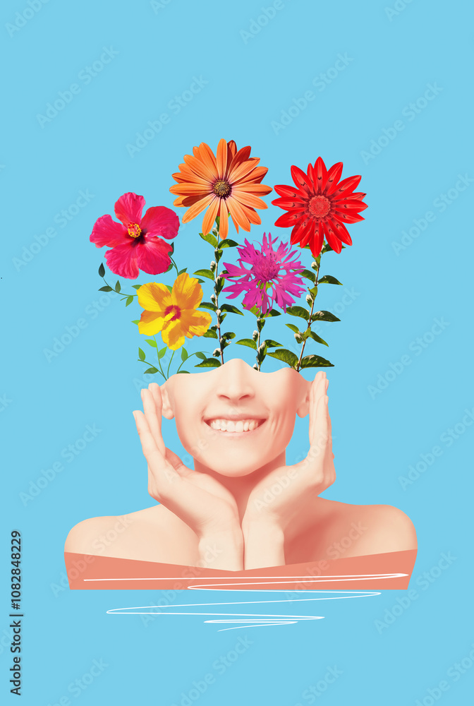 Mental health awareness concept. Happy female head with flowers inside. Mindfulness, positive thinking, self care idea. Conceptual design
