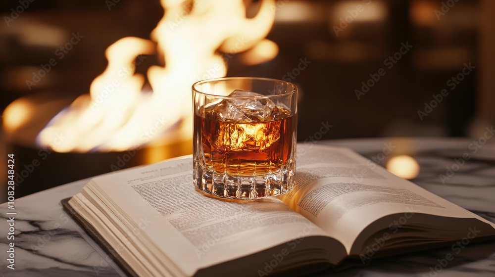 Glass of whiskey with ice on an open book with a blurred fire in the background Glass of whiskey with ice on an open book with a blurred fire in the background