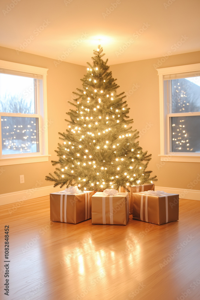 Cozy living room with a lit Christmas tree and wrapped gifts Cozy living room with a lit Christmas tree and wrapped gifts