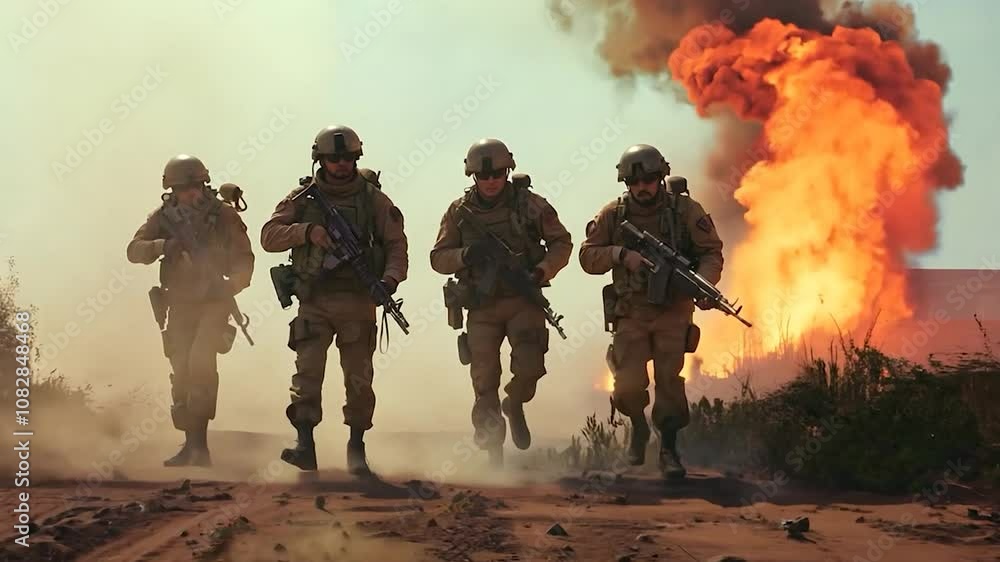 Soldiers in Combat Zone with Explosions in the Background Soldiers in Combat Zone with Explosions in the Background