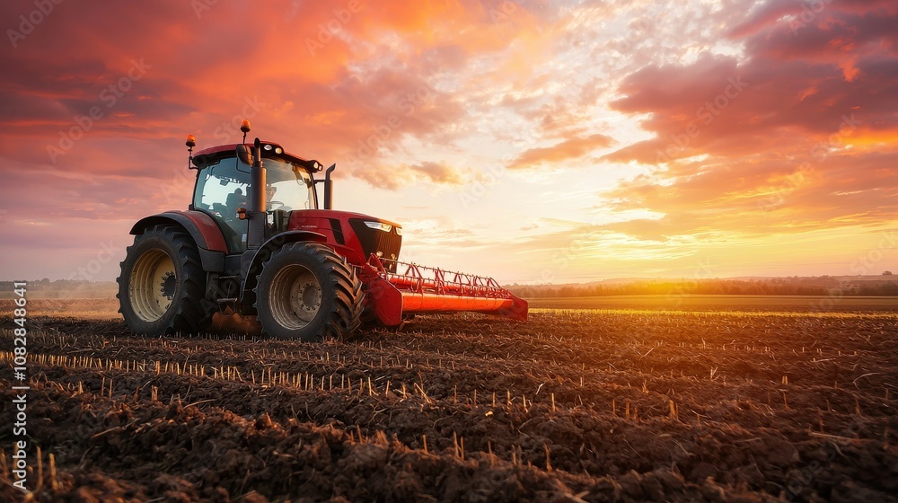 Tractor working in a vast sunset landscape. Tractor working in a vast sunset landscape.