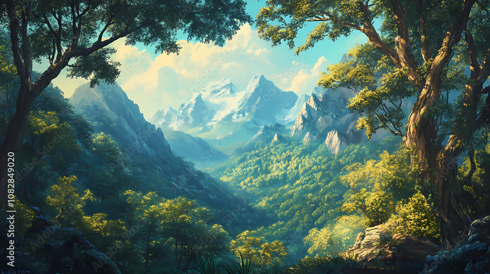 A painting of a forest with mountains in the background. the trees are green and the sky is blue. the mood of the painting is peaceful and serene. Serene. Illustration A painting of a forest with mountains in the background. the trees are green and the sky is blue. the mood of the painting is peaceful and serene. Serene. Illustration