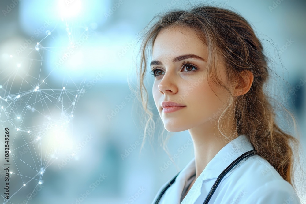 Obraz premium Young medical professional contemplating advances in healthcare technology in a clinical environment