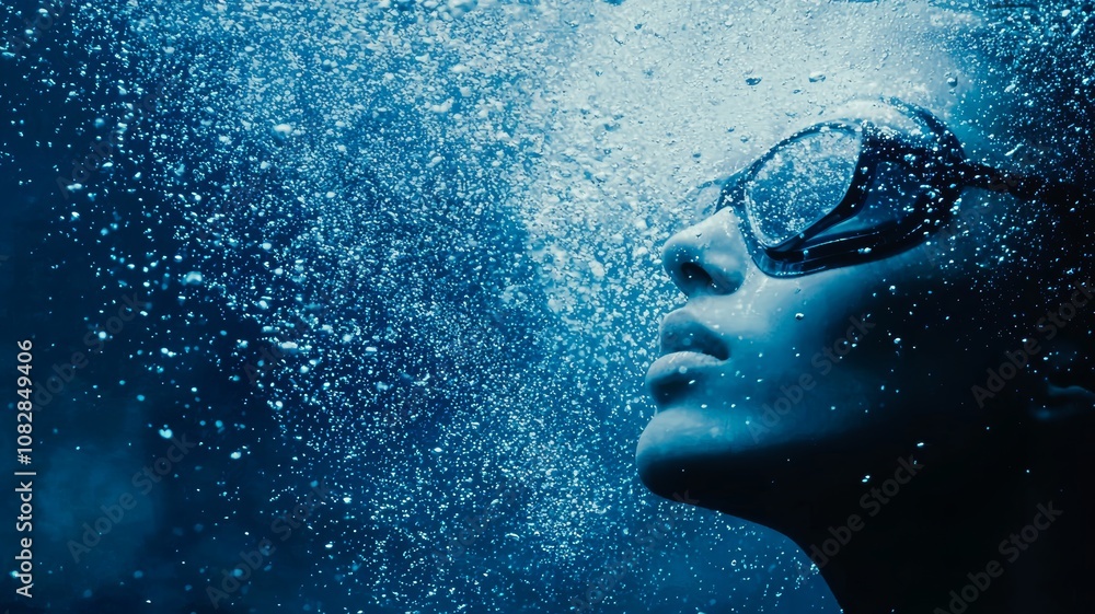 Fototapeta premium Underwater Portrait of a Contemplative Swimmer in Deep Blue