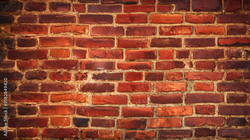 A distressed brick wall with chips cracks and stains displaying deep red and brown tones in a running bond pattern creating a vintage industrial atmosphere. A distressed brick wall with chips cracks and stains displaying deep red and brown tones in a running bond pattern creating a vintage industrial atmosphere.