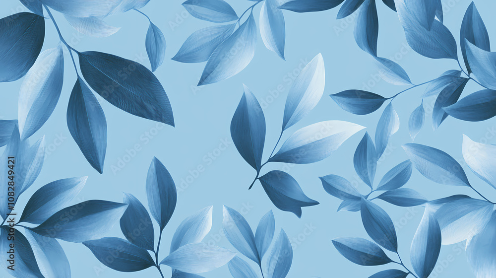 Fototapeta premium A serene blue background featuring delicate leaves, perfect for creating a calming atmosphere in various designs. Serene. Illustration